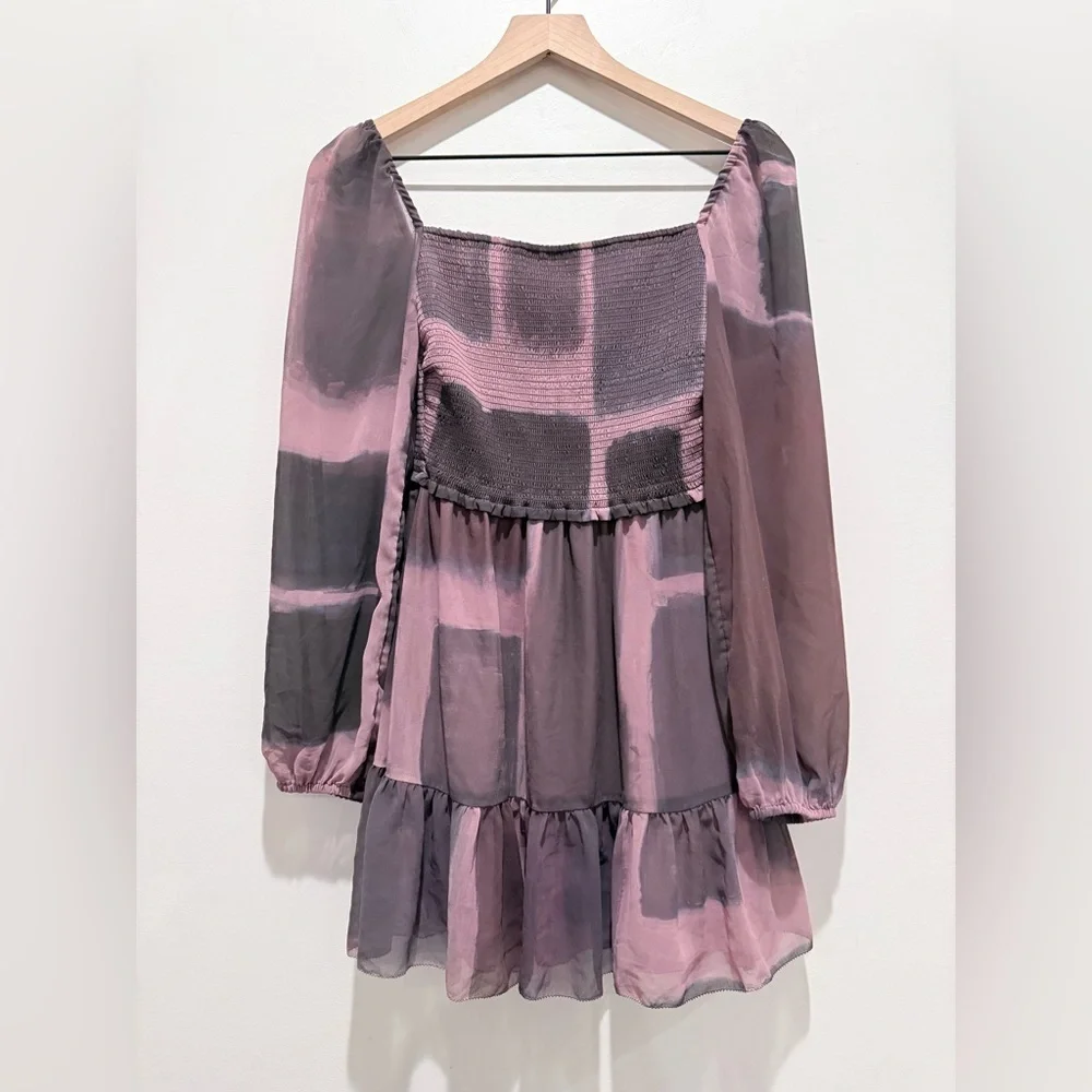 Wilfred Aritzia Tempest Smocked Mini Dress Mauve Abstract Print XS